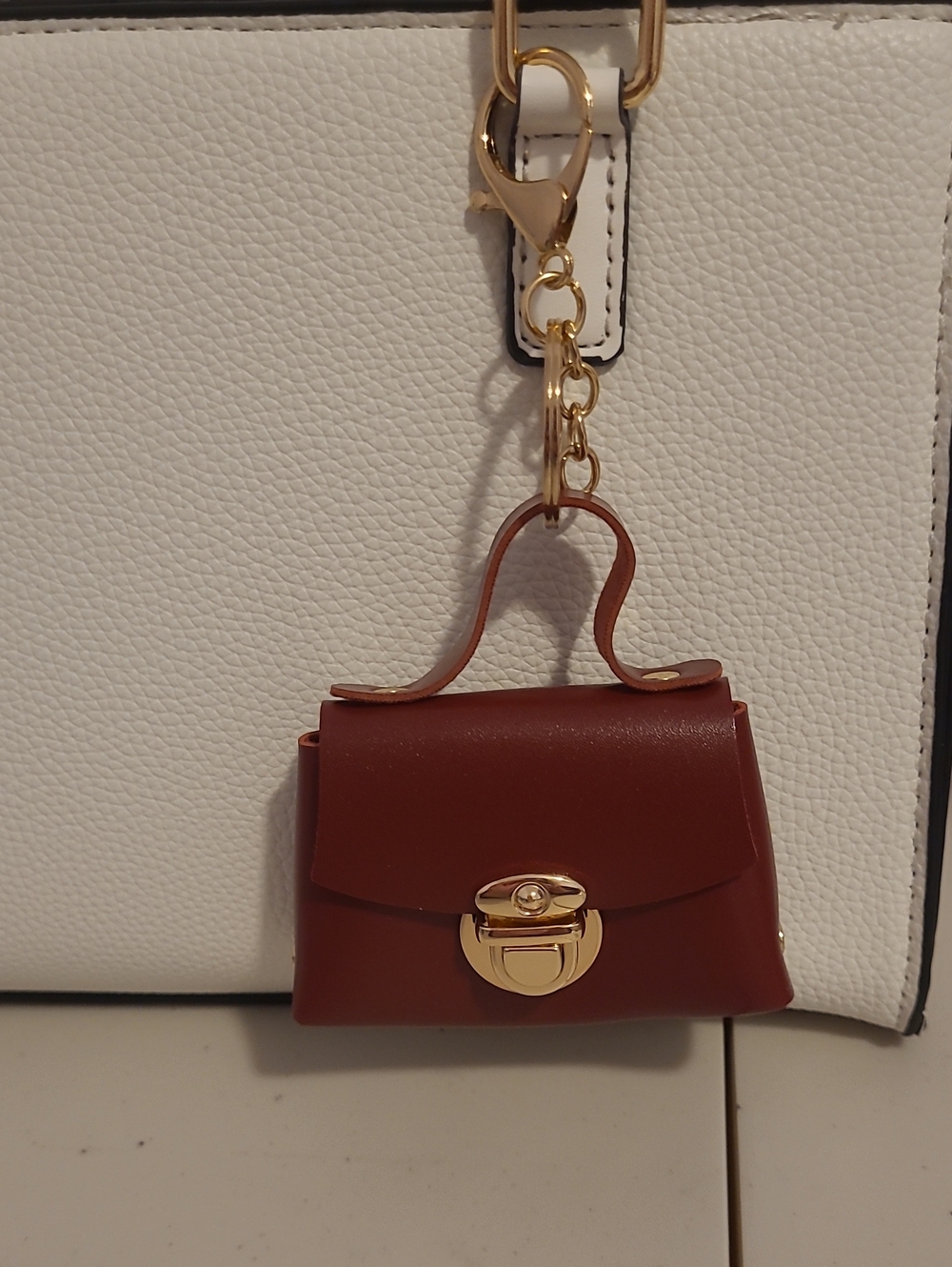 Faux Leather Mini Bag Charm Keychain - Burgundy